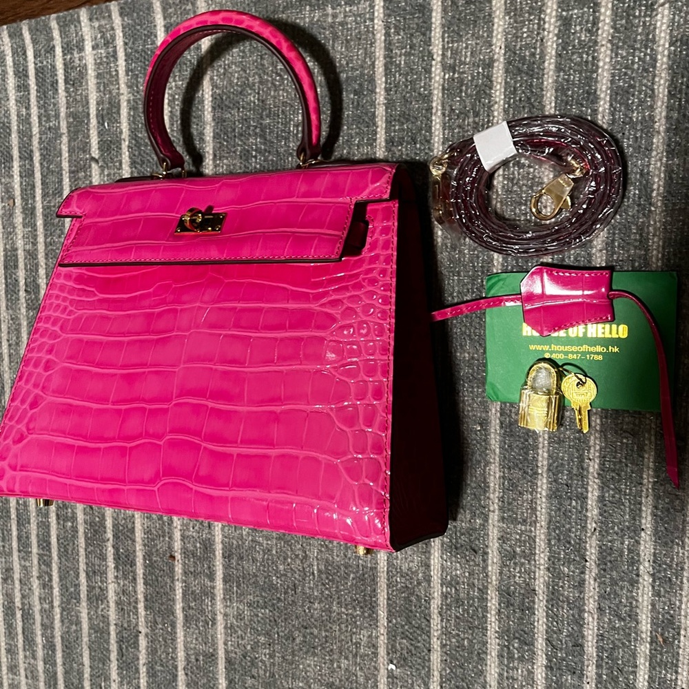 Hot Pink Women's Croc-Texture Top Handle Bag with Gold Hardware Kelly Style NEW